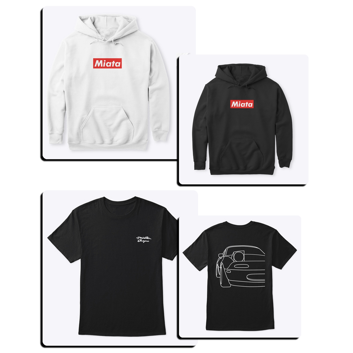 MiataClique merch – Miata red logo hoodies in white and black and minimalist black Miata T-shirts